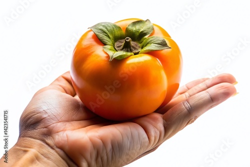 Ripe Persimmon in Hand, Isolated on White Background - High-Resolution Stock Photo