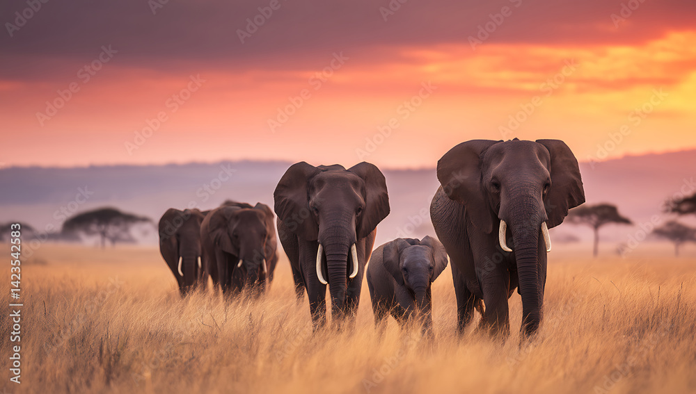 Fototapeta premium Family of Elephants in the Wild with Golden Sunset Sky