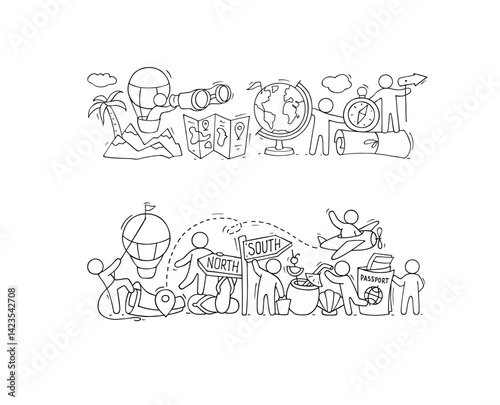 Geography science and school lesson concept. Travel poster with hand drawn people on mountains with spyglass, compass, hot air balloon and road guidepost. Vector doodle illustration