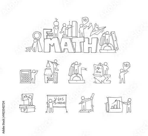 Math sciences education in school. Doodle icons with formulas, algebra symbols, geometry graph. People learning mathematics with rulers, pencils and calculator, vector hand drawn illustration
