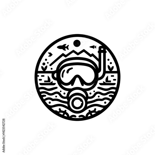 Bold black vector silhouette of a scuba diver exploring underwater depths in a circular logo design