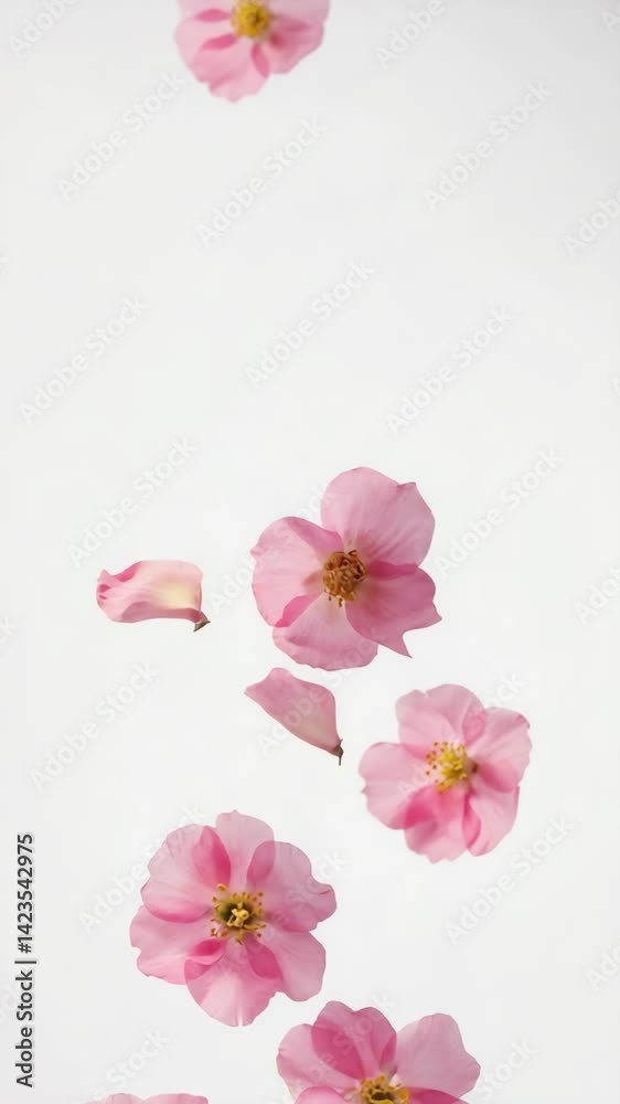 Delicate pink cosmos flowers with yellow centers floating on a clean white background, petals falling, minimalist floral arrangement for spring design elements. Delicate pink cosmos flowers with yellow centers floating on a clean white background, petals falling, minimalist floral arrangement for spring design elements.
