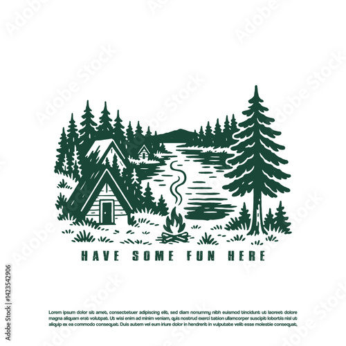 Vintage wild camping in the forest with pine tree and lake illustration