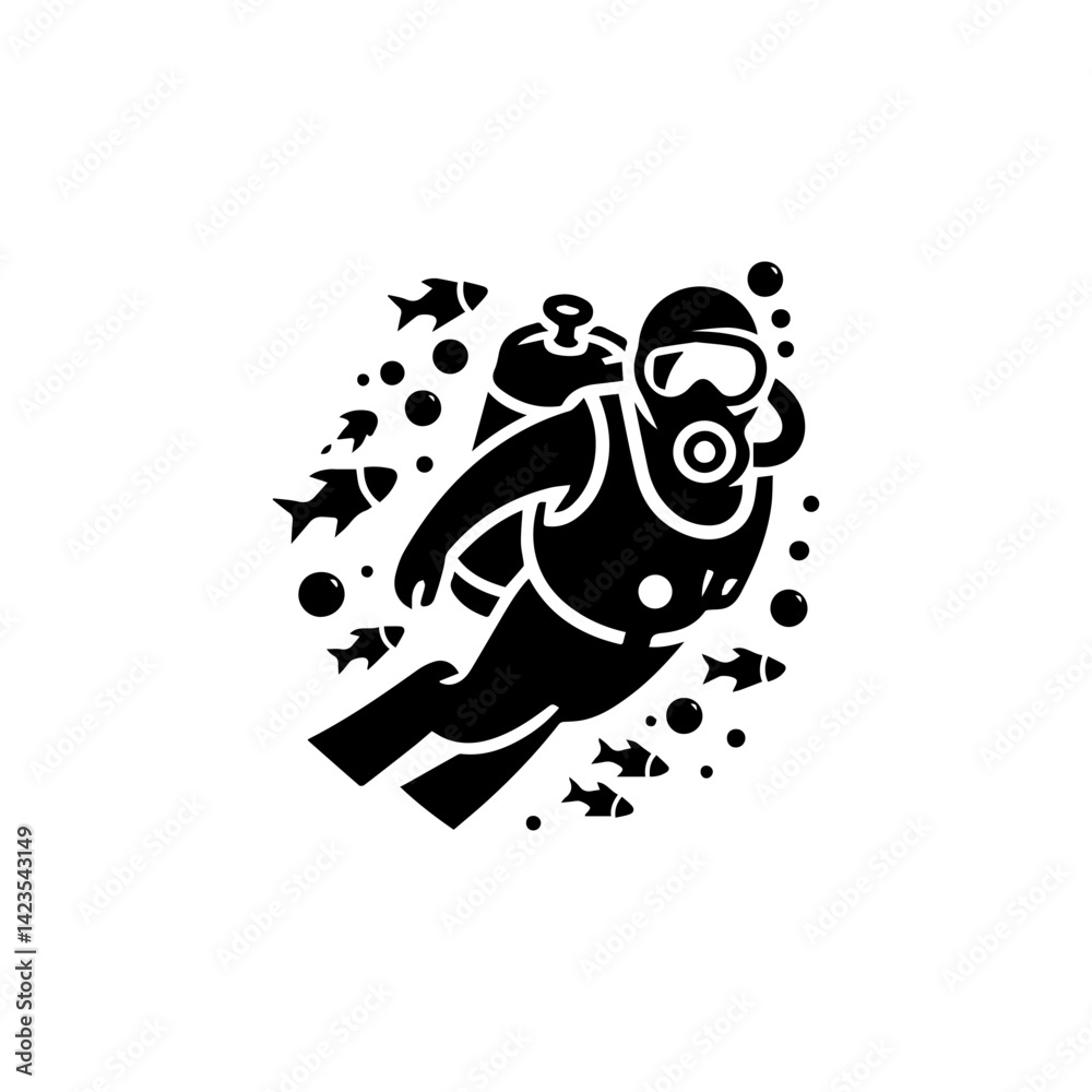 Fototapeta premium Powerful black vector graphic of a scuba diver's silhouette for a distinctive logo design