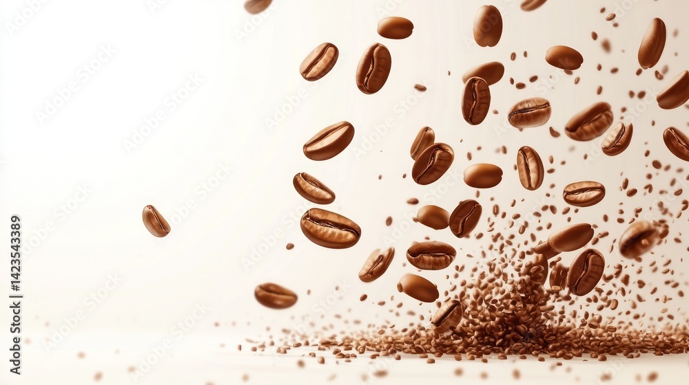 Obraz premium Coffee beans falling, studio, background white, advertisement