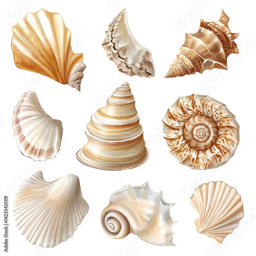 My Very Simple flat 2D icon of a Collection of seashell elements isolated on a transparent background, vector, flat design, simple flat 2D icon, eps format