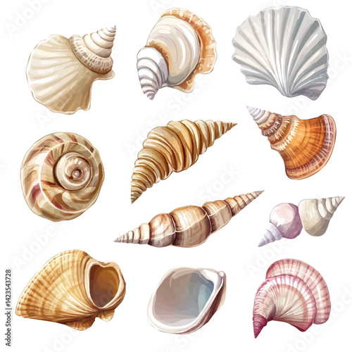 A Very Simple flat 2D icon of a Collection of seashells isolated on a transparent background, vector, flat design, animation design, vector, simple flat 2D icon, minimalist, eps format