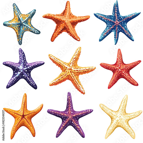 My Very Simple flat 2D icon of a Collection of starfish elements isolated on a transparent background, vector, flat design, simple flat 2D icon, eps format