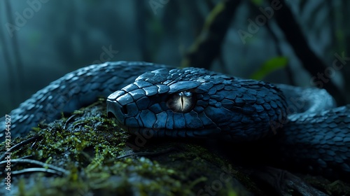 Close Up Viper Snake Lurking on Moss in the Forest Depths