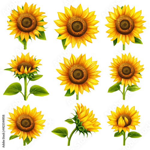 My Very Simple flat 2D icon of a Collection of sunflower plant elements isolated on a transparent background, vector, flat design, simple flat 2D icon, eps format