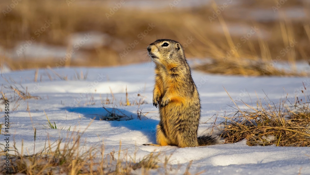 A small squirrel standing alone on a snowy day.