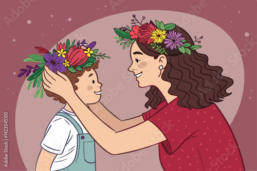A heartwarming image of a mother receiving a handmade flower crown from her child during wartime, showcasing resilience and love amidst conflict.