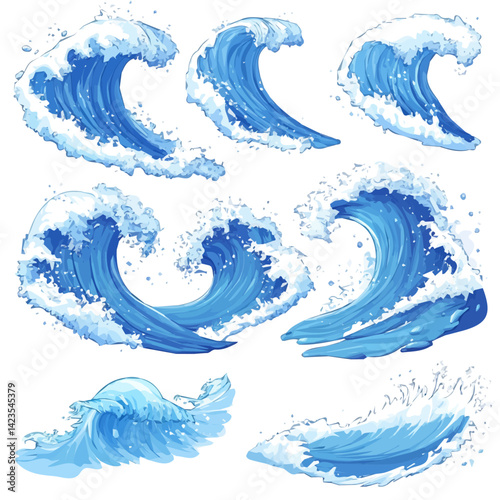 My Very Simple flat 2D icon of a Collection of tidal wave elements isolated on a transparent background, vector, flat design, simple flat 2D icon, eps format