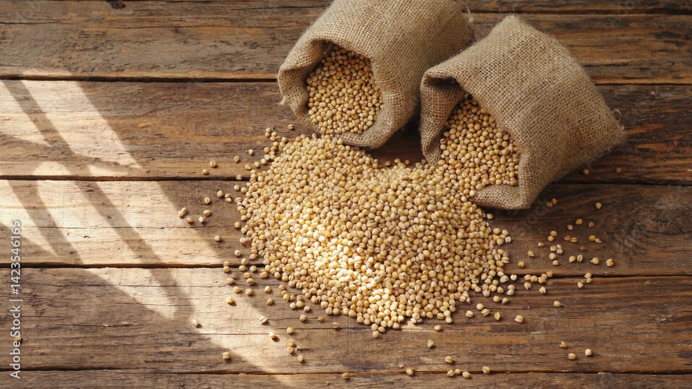 Closeup of paddy rice spilled from two burlap sacks, on a wooden table with sunlight filtering through. Organic and natural farming theme.