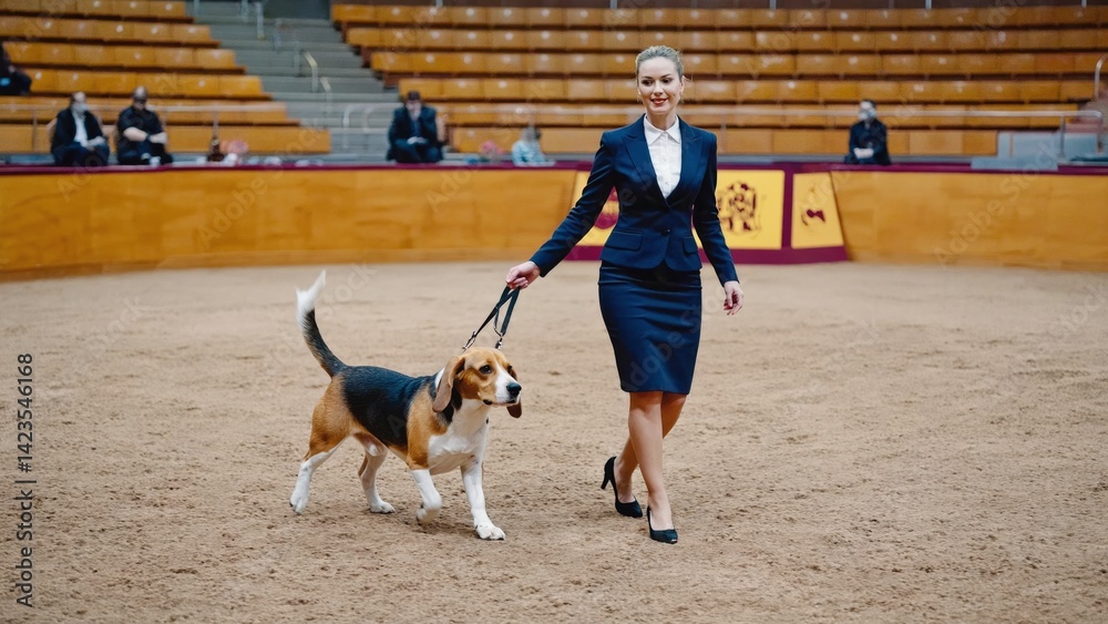 A professional dog trainer in a business outfit, leading a service dog through an obedience demonstration.