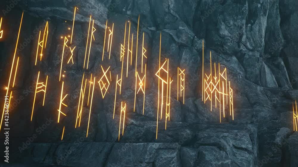 Glowing runes illuminate ancient rock wall in shadowy cave, creating a mystical ambience with light streaks and textured stone details.