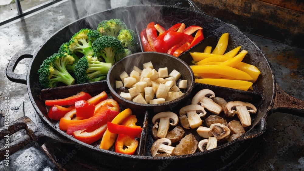 A variety of colorful vegetables being cooked in a hot pan with oil, ready for a healthy and delicious meal.