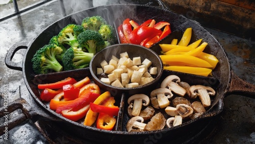Obraz na płótnie A variety of colorful vegetables being cooked in a hot pan with oil, ready for a healthy and delicious meal. w salonie