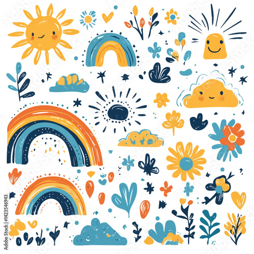 A Very Simple flat 2D icon of a Collection of doodles rainbows sun with clouds and flowers isolated on a transparent background, vector, flat design, animation design, vector, simple flat 2D icon