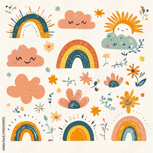 A Very Simple flat 2D icon of a Collection of doodles rainbows sun with clouds and flowers isolated on a transparent background, vector, flat design, animation design, vector, simple flat 2D icon