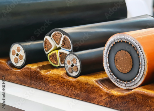 Detailed view of various electric cables on display at a construction trade show in the afternoon