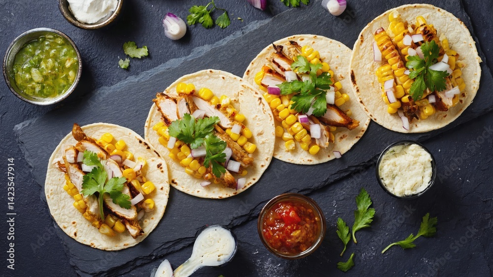 A vibrant and delicious taco with chicken and corn. Served on fresh cornmeal shells, these tacos are topped with sour cream, cilantro, a spicy salsa, and crunchy tortilla strips.