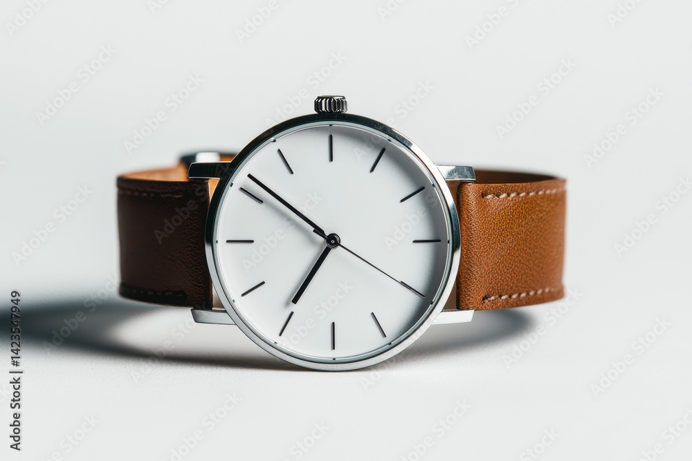 Stylish designer wristwatch with leather strap minimalist design studio photography modern environment close-up view timeless concept for fashion enthusiasts Stylish designer wristwatch with leather strap minimalist design studio photography modern environment close-up view timeless concept for fashion enthusiasts