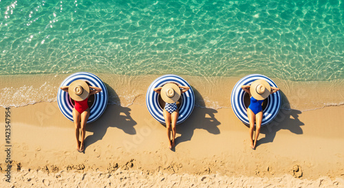 aerial shot of three women lying perfectly parallel on pale golden sand. Each reclines supine on a navy‑white striped swim ring, heads centred in the ring, (2)