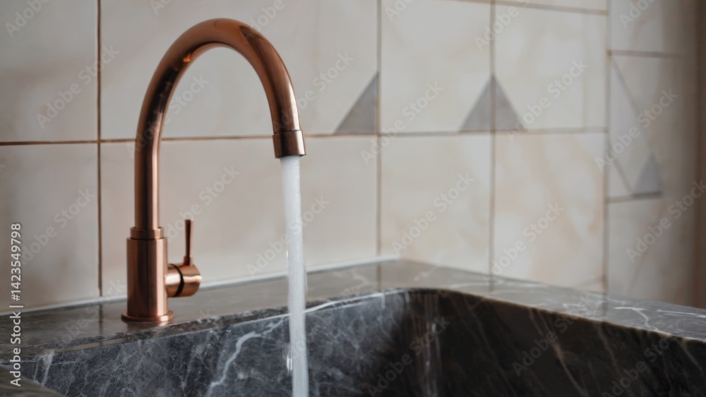 Shiny copper bathroom sink and faucet with water running.