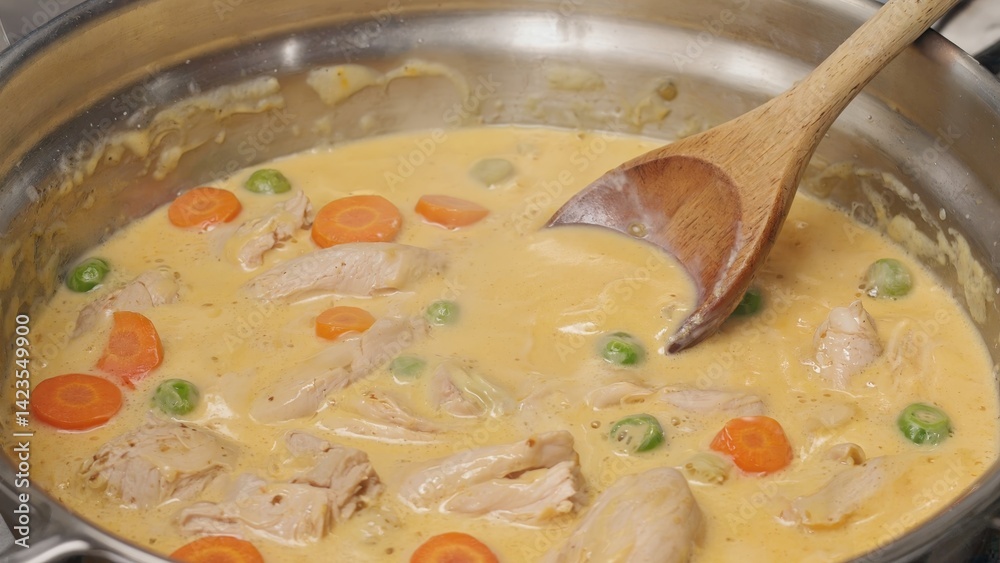 A hearty chicken and vegetable curry in a creamy sauce, perfect for comfort.