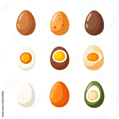 My Simple flat 2D illustration of a boiled eggs set isolated on a transparent background, vector, flat design, animation design, simple flat 2D icon, EPS Format