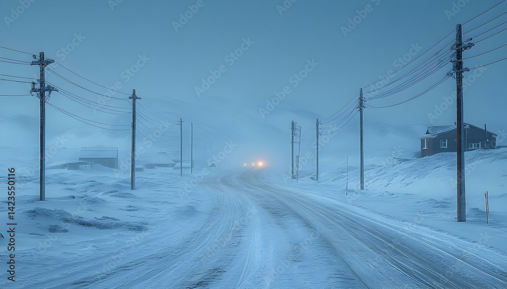 Snow-covered road with power lines and distant headlights in a foggy winter landscape Snow-covered road with power lines and distant headlights in a foggy winter landscape