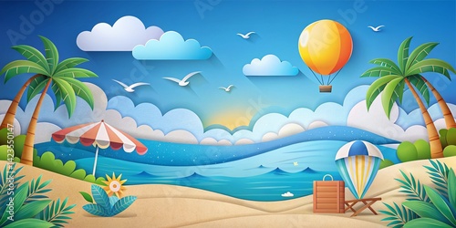 Wallpaper Mural Paper Cut Ocean Wave Beach Scene with Coconut Tree, Chairs & Hot Air Balloon - Sunny Sky Stock Photo Torontodigital.ca