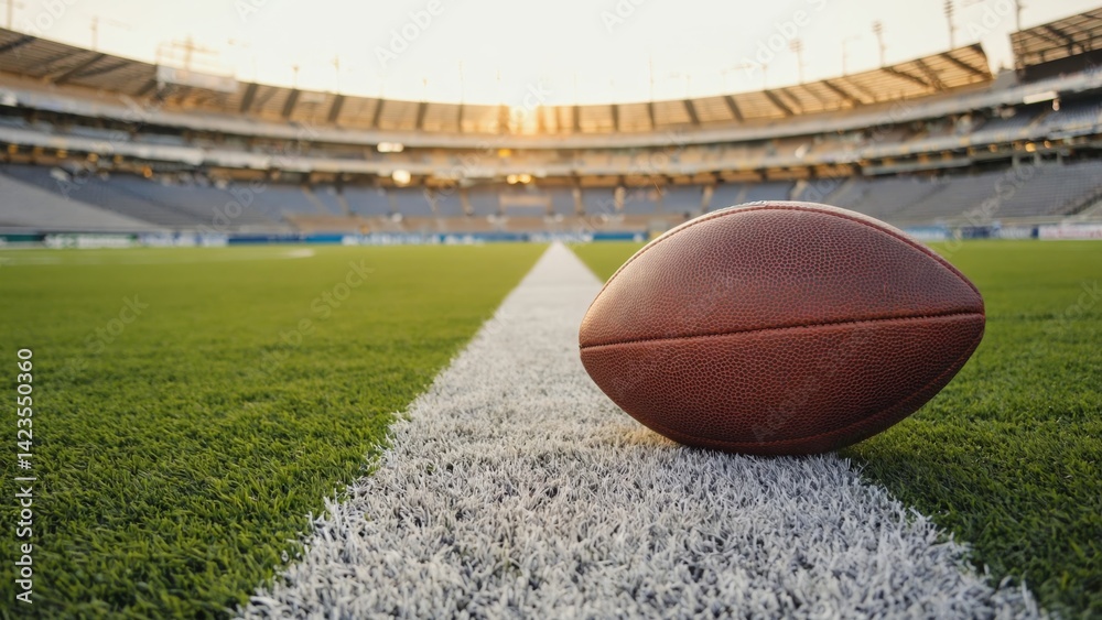 An american football sitting on top of a green field with white lines, ready for game day.