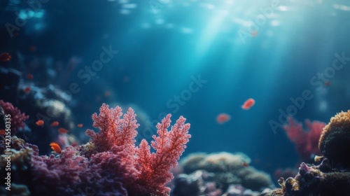 Underwater coral reef scene, sunlight rays, vibrant colors, ocean life, marine conservation photo