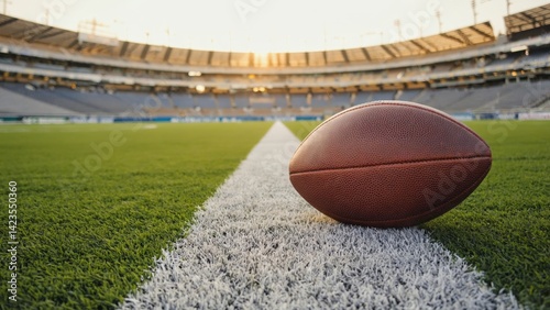 Obraz na płótnie An american football sitting on top of a green field with white lines, ready for game day. w salonie