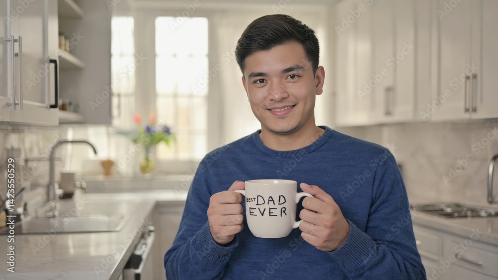 A young man in a kitchen holding two coffee mugs.