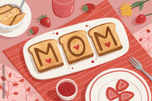 A heartwarming Mother's Day breakfast table setting featuring artistically arranged toast slices spelling out "MOM".  Include a charming, rustic aesthetic.