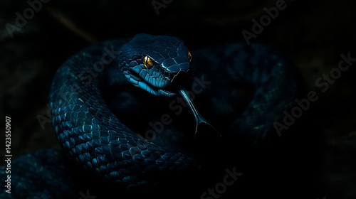 Snake Sticking Out Tongue Coiled with Dark and Mysterious Background