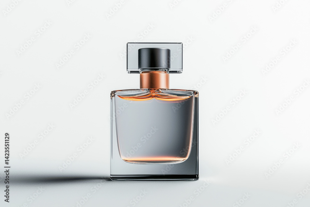 Elegant glass perfume bottle with metallic cap studio setting product photography minimalist background close-up view luxury concept for fragrance enthusiasts Elegant glass perfume bottle with metallic cap studio setting product photography minimalist background close-up view luxury concept for fragrance enthusiasts