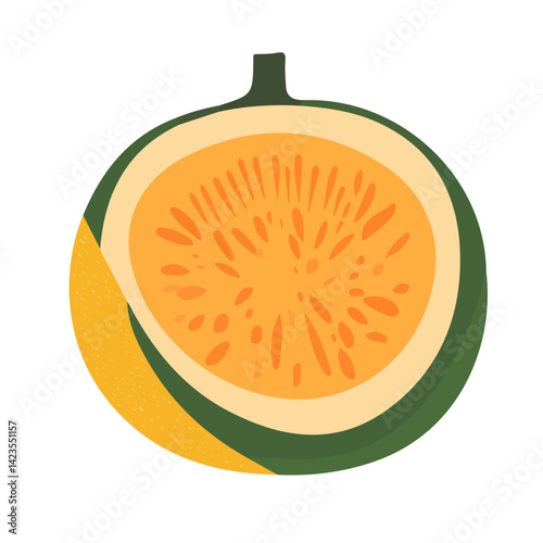 A Simple flat 2D icon, cantaloupe isolated on a transparent background, vector, flat design, animation design, simple flat 2D icon, minimalist design