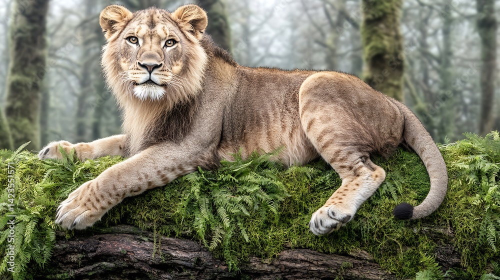 Fototapeta premium Majestic lion cub resting on a mossy log in a misty forest.