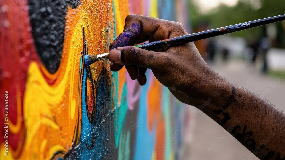 Obraz premium Creative artist painting mural in urban environment vivid colors close-up perspective art and culture connection