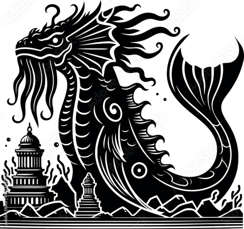 Leviathan Silhouette with Open Jaws Aggressive Sea Beast Concept Illustration