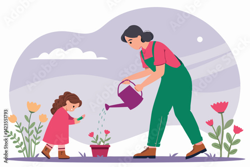 A heartwarming scene of a mother and daughter bonding while tending to a vibrant flower garden; the mother gently waters the blooming flowers as her daughter observes with joyful curiosity.