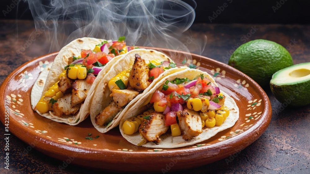 Delicious tacos with shredded chicken, corn, and salsa on a plate. A flavorful meal from Mexican cuisine.
