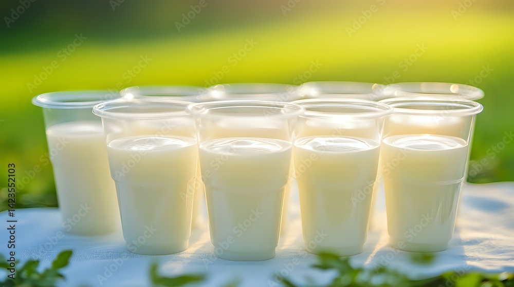 Six Glasses of Milk on a Picnic Table Six Glasses of Milk on a Picnic Table
