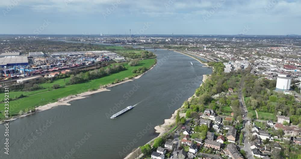 shipping of the rhine river, transportation by barge inland shipping, german ruhr area. Commercial trade. shipping of the rhine river, transportation by barge inland shipping, german ruhr area. Commercial trade.