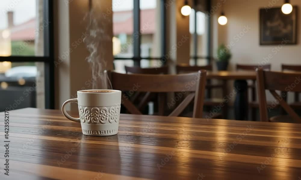 A Warm, Steaming Coffee Cup on a Rustic Wooden Table in a Cozy Cafe, Surrounded by Soft Ambient Light and Cozy Atmosphere, Evoking Comfort and Relaxation
