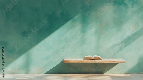Open book on wooden shelf, teal wall, sunlit